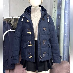 American Eagle Womens Hooded Wool Blend Duffle Coat Jacket Navy Blue